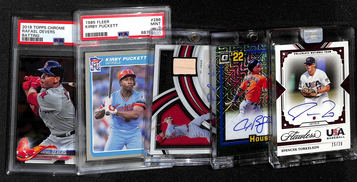 Baseball Card Lot - 2022 Spencer Torkelson Ruby Autograph #/20, 2022 Optic Alex Bregman Autograph #/20, 2022 Immaculate Paul Goldschmidt Auto Bat #/10,  1985 Fleer Kirby Puckett Rookie (PSA 9(,...