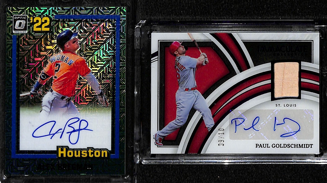 Baseball Card Lot - 2022 Spencer Torkelson Ruby Autograph #/20, 2022 Optic Alex Bregman Autograph #/20, 2022 Immaculate Paul Goldschmidt Auto Bat #/10,  1985 Fleer Kirby Puckett Rookie (PSA 9(,...