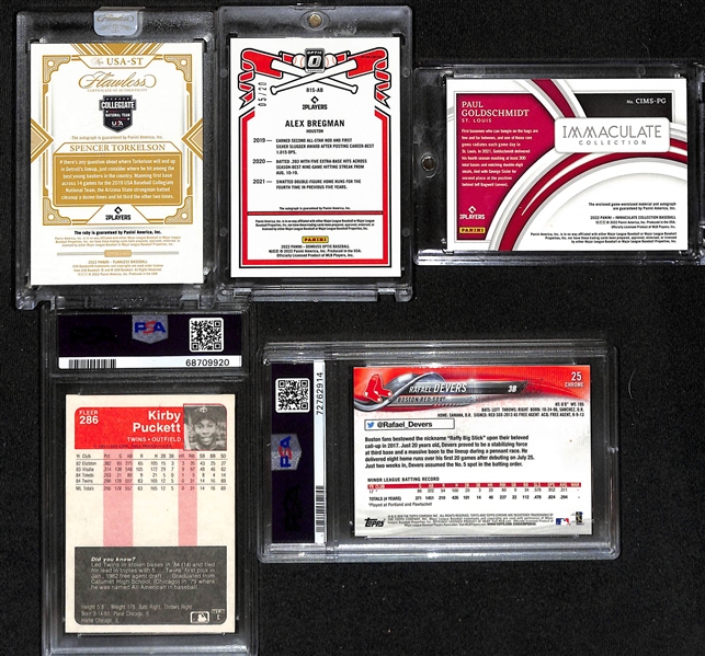 Baseball Card Lot - 2022 Spencer Torkelson Ruby Autograph #/20, 2022 Optic Alex Bregman Autograph #/20, 2022 Immaculate Paul Goldschmidt Auto Bat #/10,  1985 Fleer Kirby Puckett Rookie (PSA 9(,...