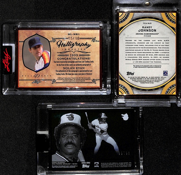 Baseball Autograph Lot - 2022 Leaf Decadence Nolan Ryan Bronze Autograph (#5/10), 2022 Topps Transcendent Randy Johnson Autograph (#4/15), 2022 Topps Clearly Eddie Murray Autograph (#69/99)