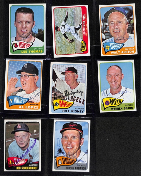 (127) Signed 1965 Topps Baseball Cards Inc. Brooks Robinson, Red Schoendiesnt, Warren Spahn, Bill Rigeny, Al Lopez, Walt Alston, Mel Stottlemyre, Lee Thomas, Joe Nuxhall, Lum Harris, Jim Piersall,...