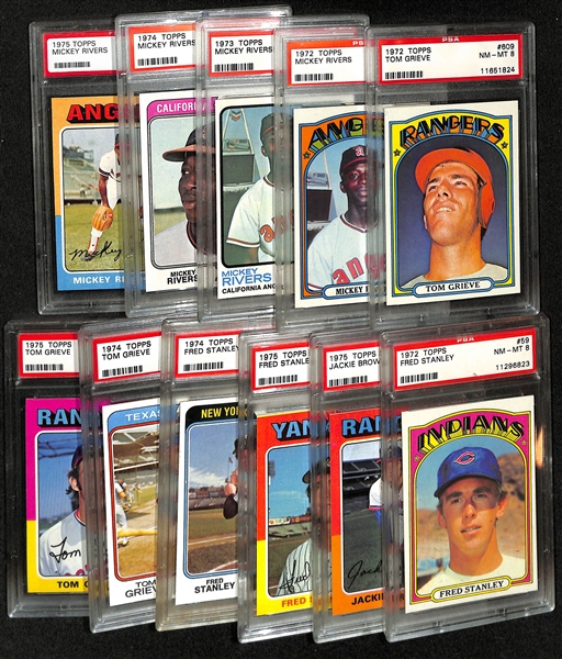 Lot of (11) 1972-1975 Topps PSA 8 or 9 Graded Cards Including Tom Grieve, Mickey Rivers, Fred Stanley, Jackie Brown