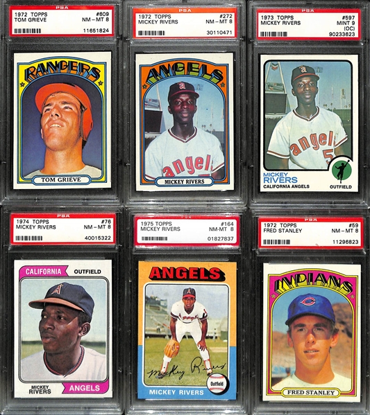 Lot of (11) 1972-1975 Topps PSA 8 or 9 Graded Cards Including Tom Grieve, Mickey Rivers, Fred Stanley, Jackie Brown