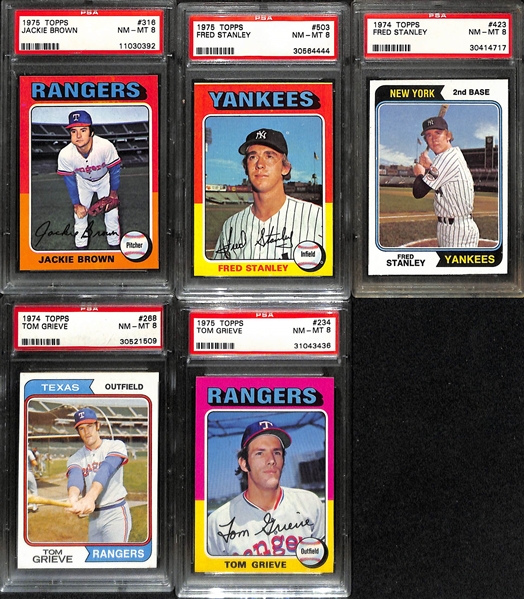 Lot of (11) 1972-1975 Topps PSA 8 or 9 Graded Cards Including Tom Grieve, Mickey Rivers, Fred Stanley, Jackie Brown