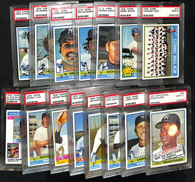 (15) PSA 8 or 9 Graded 1976 Topps Cards (Mostly Yankees, Inc. a Team Card, Jim Hunter, Tippy Martinez, Bobby Bonds, Sparky Lyle)