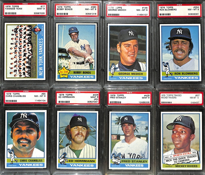 (15) PSA 8 or 9 Graded 1976 Topps Cards (Mostly Yankees, Inc. a Team Card, Jim Hunter, Tippy Martinez, Bobby Bonds, Sparky Lyle)