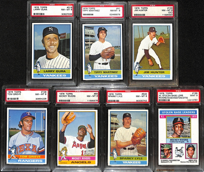 (15) PSA 8 or 9 Graded 1976 Topps Cards (Mostly Yankees, Inc. a Team Card, Jim Hunter, Tippy Martinez, Bobby Bonds, Sparky Lyle)