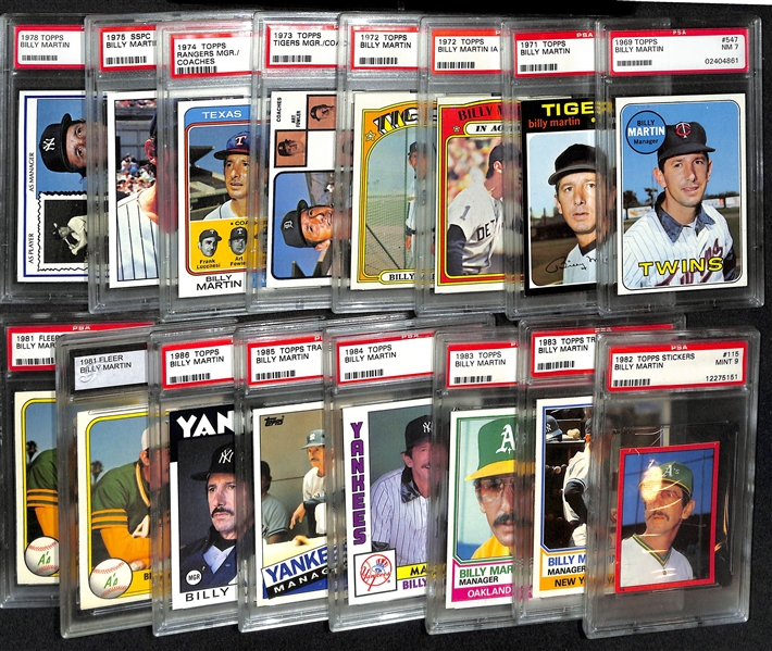 Lot of (16) Graded 1969-1986 Billy Martin Cards  - (15) PSA Graded & (1) FGS Graded