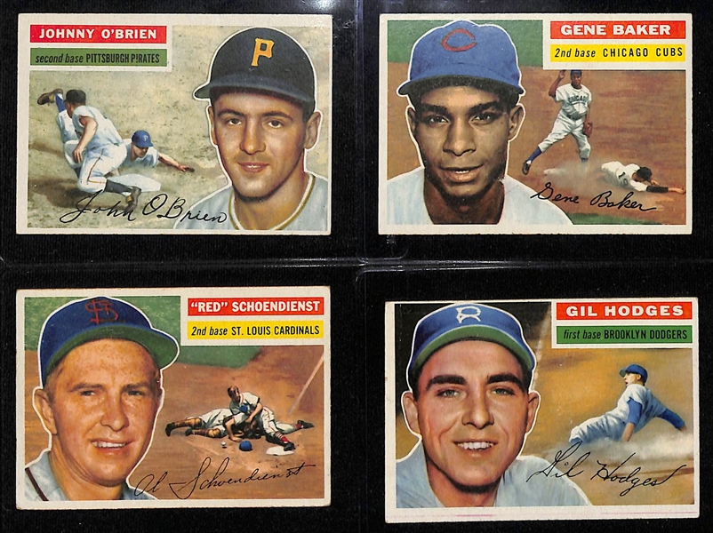 (11) Topps Baseball Cards - Inc. (9) 1956 (O'Brien, Baker, Schoendienst, Hodges, Collins, Minoso, Martin, Roberts, Fox) & (2) 1957 (Mathews, Campanella)