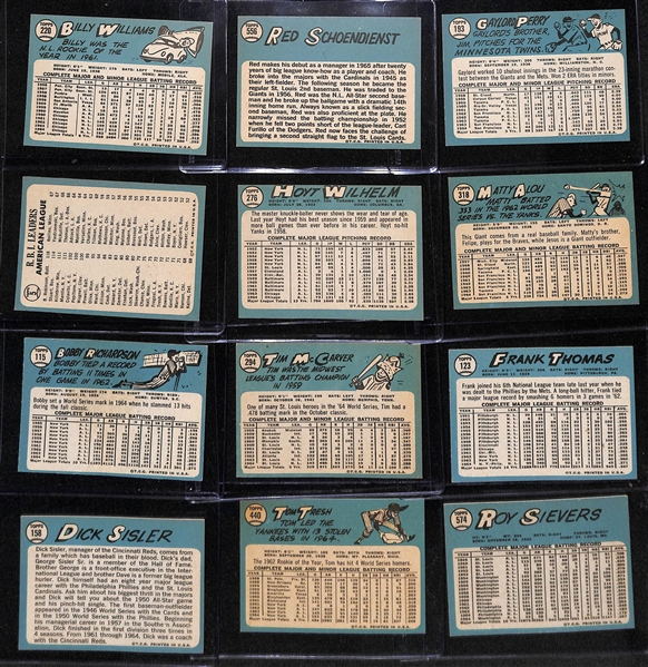 (126) Signed 1965 Topps Baseball Cards Inc. Billy Williams, Red Schoendienst, Perry, Robinson, Hoyt Wilhelm, Matty Alou, Bobby Richardson, Tim McCarver, Frank Thomas, Dick Sisler, Tom Tresh, and...