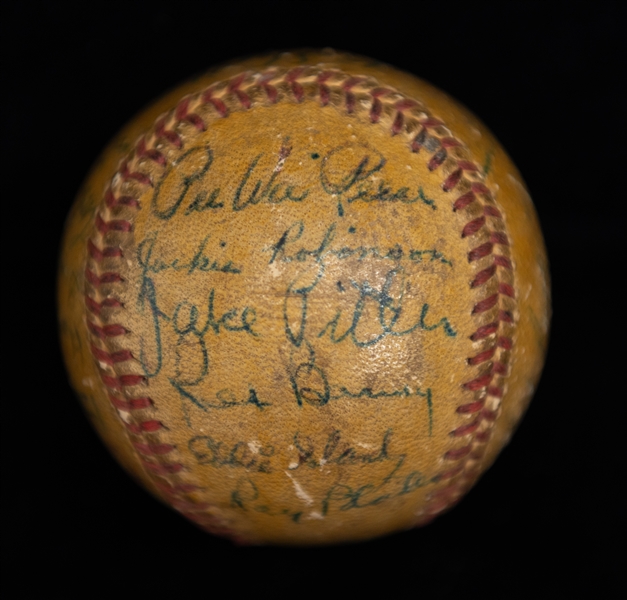 1947 Brooklyn Dodgers Signed Baseball - 27 Signatures w. Jackie Robinson (All Signatures Enhanced) - Robinson's Rookie Year - JSA Auction Letter