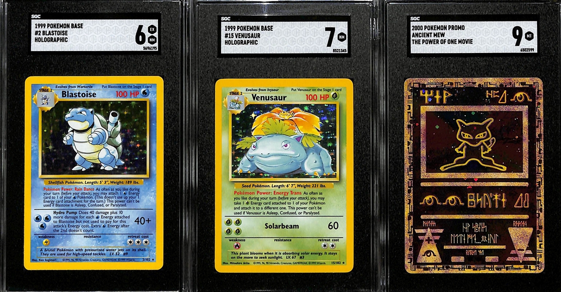 Lot of (3) Vintage SGC Graded Pokemon Cards- 1999 Base Set Blastoise Holo (SGC 6), 1999 Base Set Venusaur Holo (SGC 7), 2000 Promo Ancient Mew (SGC 9)