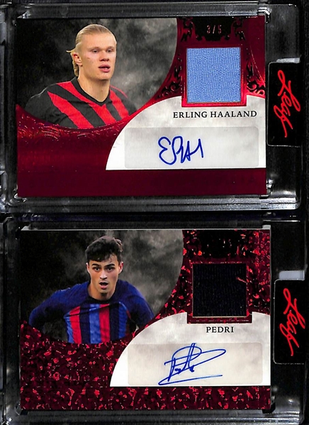 2023 Leaf Superlative Signature Memorabilia Autographed Soccer Relic Cards (Erling Haaland #3/5 and Pedri #11/15)