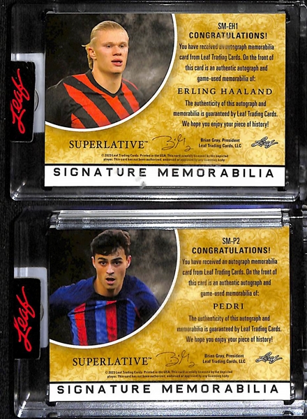 2023 Leaf Superlative Signature Memorabilia Autographed Soccer Relic Cards (Erling Haaland #3/5 and Pedri #11/15)