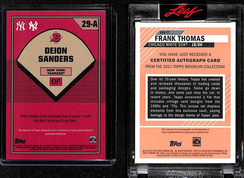 (2) Topps Certified Autograph Cards - Deion Sanders (2021 Topps 1989 Bowman X Green Foil #/89) & 2021 Topps Brooklyn Collection Frank Thomas #/60)