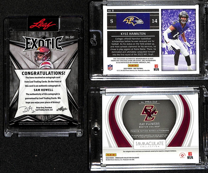 (3) Autographed Rookie Football Cards - 2022 Leaf Exotic Sam Howell (#7/7), Panini One Kyle Hamilton RPA (#/199), 2023 Panini Immaculate Zay Flowers RPA (#/65)