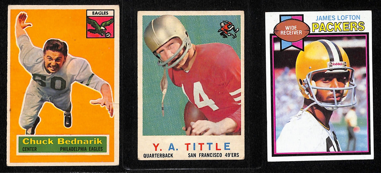 (20) Vintage (1951-1979) Football Cards w. Unitas, Namath, Bednarik, Tittle, James Lofton (Rookie), +