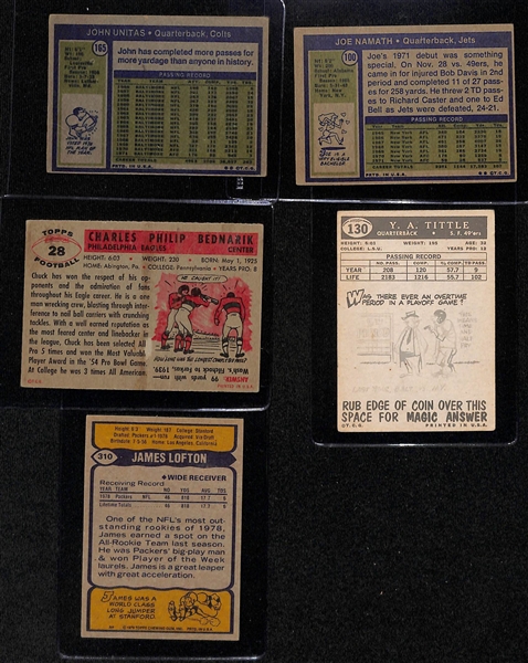 (20) Vintage (1951-1979) Football Cards w. Unitas, Namath, Bednarik, Tittle, James Lofton (Rookie), +