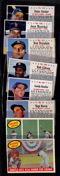 Vintage Baseball Card Lot w. (2) 1959 Topps Baseball Thrills (Mickey Mantle, Willie Mays) & (6) 1963 Post Cereal Cards (Berra, Koufax, Gibson, Drysdale, Marichal, Snider)