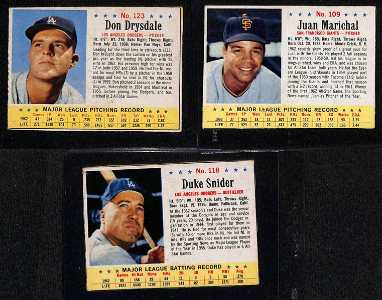 Vintage Baseball Card Lot w. (2) 1959 Topps Baseball Thrills (Mickey Mantle, Willie Mays) & (6) 1963 Post Cereal Cards (Berra, Koufax, Gibson, Drysdale, Marichal, Snider)