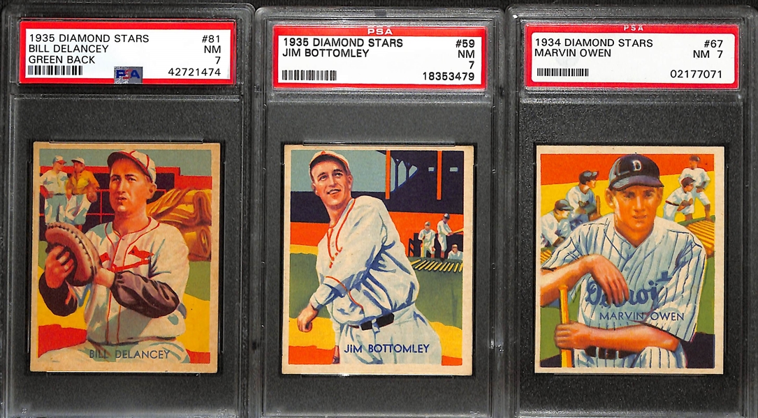 (3) PSA 7 Vintage Baseball Card Lot w.  (2) 1935 Diamond Stars Baseball Cards (Delancey, Bottomley) and (1) 1934 Diamond Stars Baseball Card (Owen)