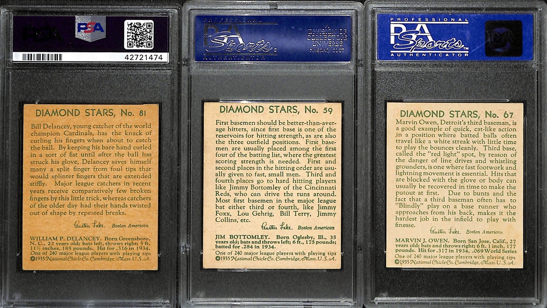 (3) PSA 7 Vintage Baseball Card Lot w.  (2) 1935 Diamond Stars Baseball Cards (Delancey, Bottomley) and (1) 1934 Diamond Stars Baseball Card (Owen)