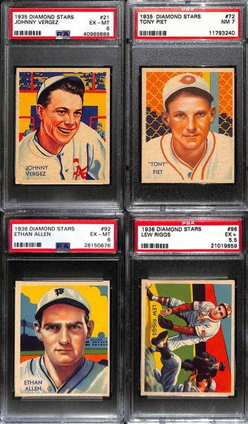 (4) PSA Graded Vintage Baseball Cards Inc. (2) 1935 Diamond Stars (Vergez, Piet) and (2) 1936 Diamond Stars (Allen, Riggs)