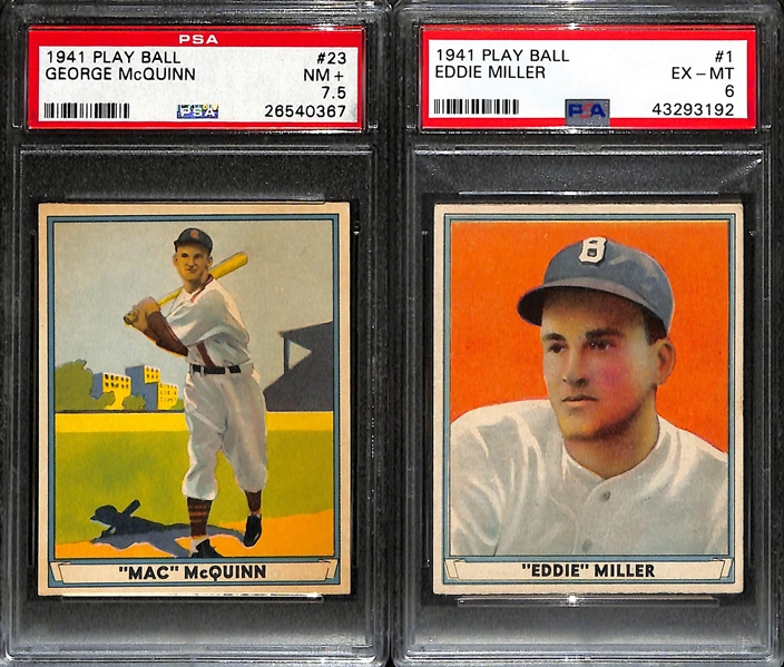 (2) PSA Graded 1941 Play Ball Vintage Baseball Cards Inc. George McQuinn PSA 7.5 and Eddie Miller PSA 6