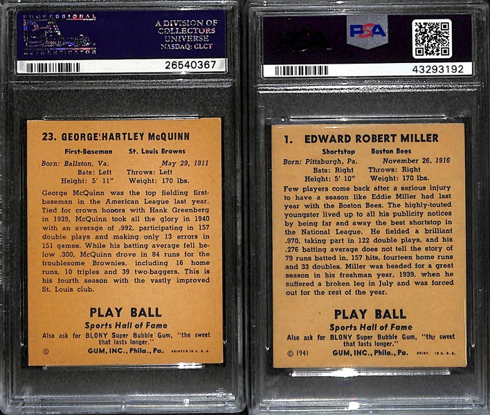 (2) PSA Graded 1941 Play Ball Vintage Baseball Cards Inc. George McQuinn PSA 7.5 and Eddie Miller PSA 6