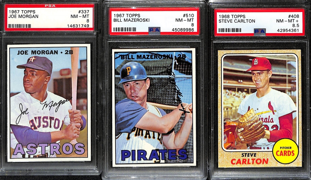 (3) PSA Graded 8 and 8.5 Topps Baseball Cards incl. 1966 Morgan, 1966 Mazeroski, 1968 Carlton