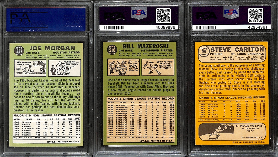 (3) PSA Graded 8 and 8.5 Topps Baseball Cards incl. 1966 Morgan, 1966 Mazeroski, 1968 Carlton