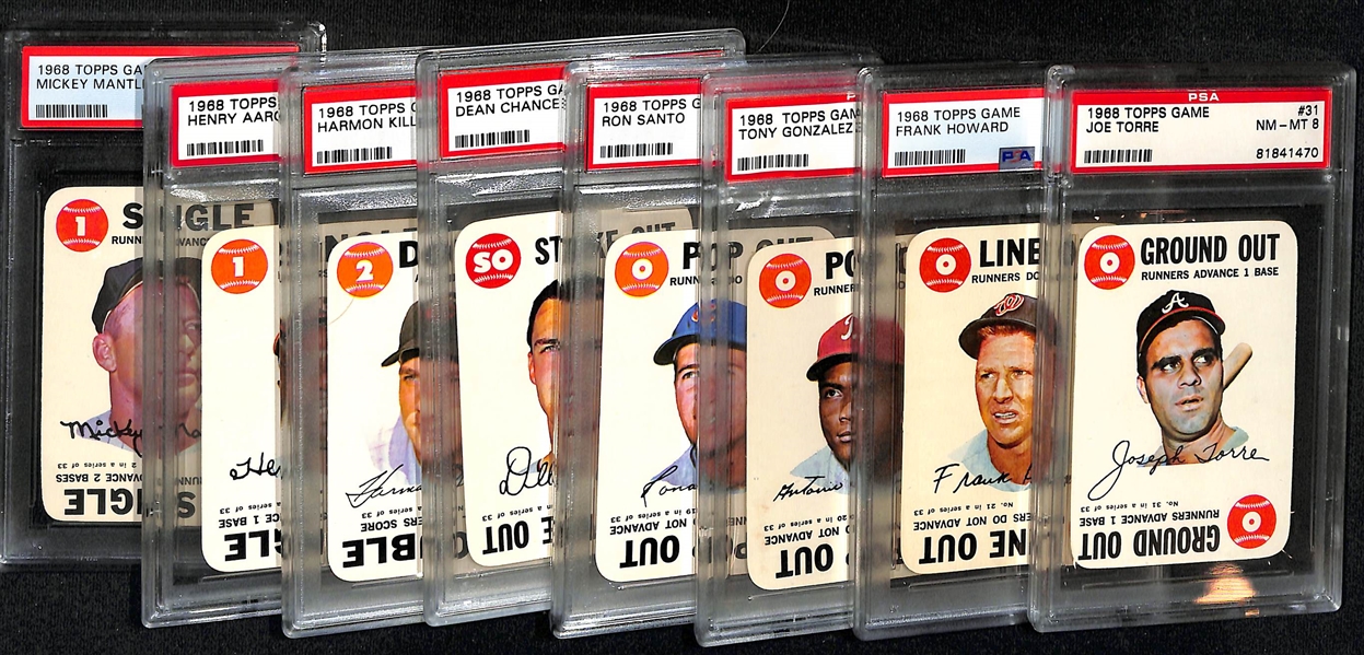 (8) 1968 PSA Graded Topps Game Baseball Cards Inc. (1) PSA 7 (Mantle) (7) PSA 8 (Aaron, Santo, Torre, and more)