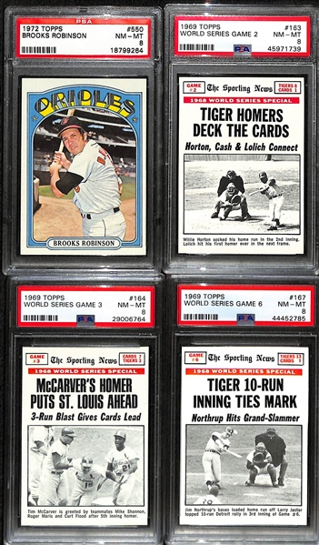 Lot of (4) PSA Graded (all PSA 8) Topps Baseball Cards Inc. 1972 Brooks Robinson #550, & (3) 1969 World Series Cards.