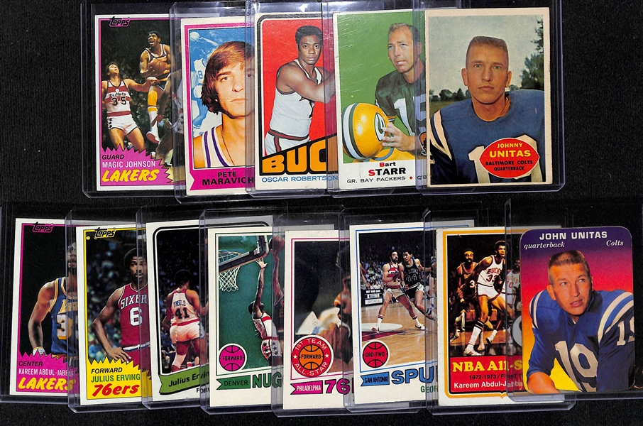 Lot of (13) 1960-1981 Topps Football & Basketball Stars w. 1960 Topps Johnny Unitas