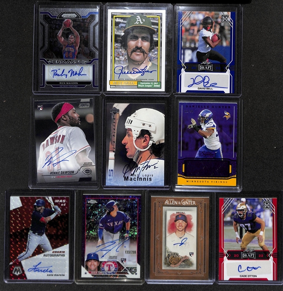 (57) Autographed Sports Cards (Manufacturer Certified) w. Rollie Fingers, Rick Mahorn, David Bell, Al McGinnis, + (Mostly Recent Football and Baseball Prospects)