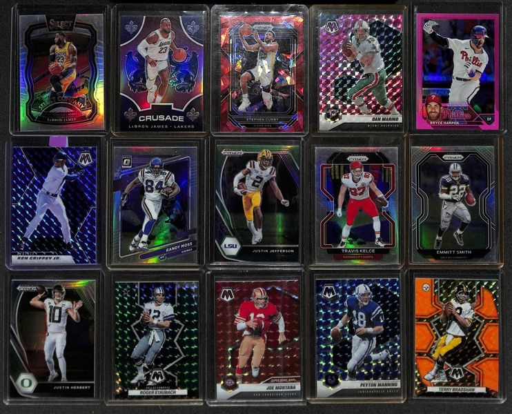 600+ Sports Cards - Mostly Prizm, Topps Chrome, & Optic Colored Silver/Refractor SP Cards - Loaded w. Stars & Rookies!  Inc. Lebron James, Steph Curry, Bryce Harper, Dan Marino, +