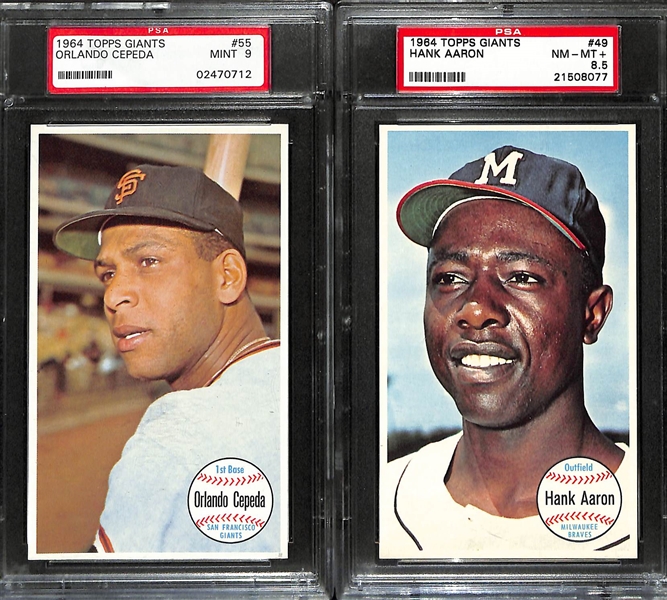 (2) 1964 Graded Topps Giants Baseball Cards w. Orlando Cepeda PSA 9 #55 and Hank Aaron PSA 8.5 #49