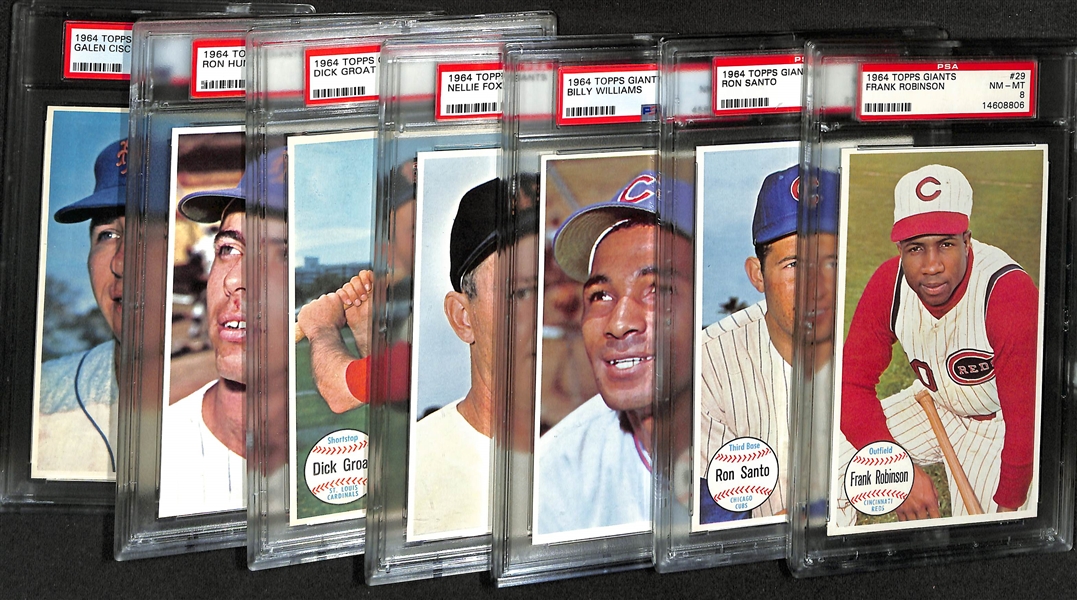 Lot of (7) 1964 Topps Giants Baseball Cards All PSA 8 Inc. Frank Robinson #29, Ron Santo #58, Billy Williams #52 & More