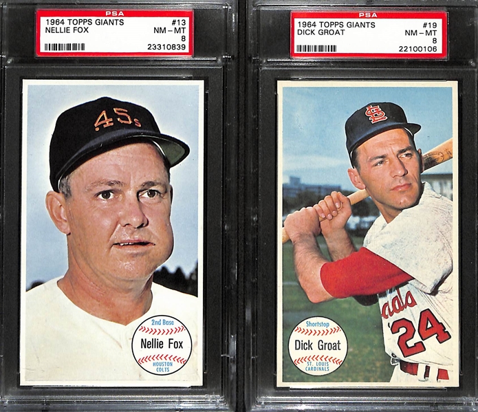 Lot of (7) 1964 Topps Giants Baseball Cards All PSA 8 Inc. Frank Robinson #29, Ron Santo #58, Billy Williams #52 & More