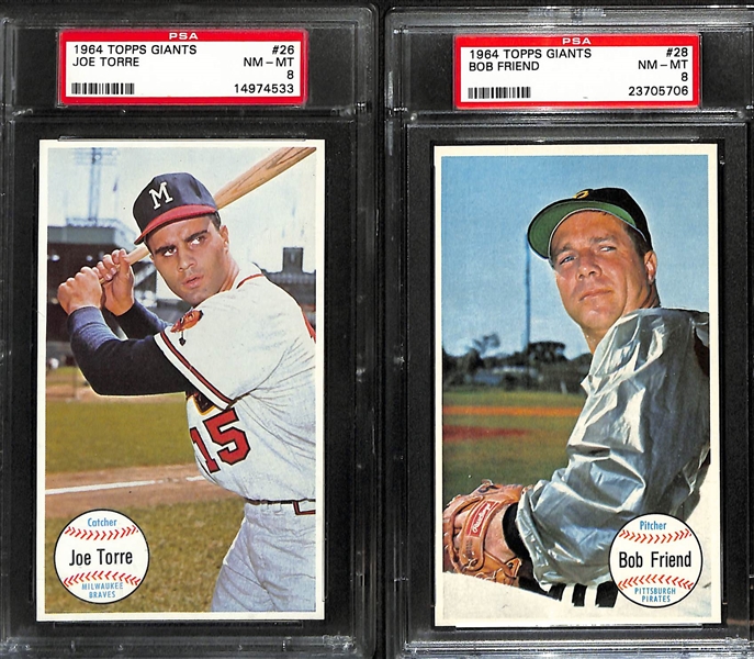 Lot of (7) 1964 Topps Giants Baseball Cards All PSA 8 Inc. Warren Spahn #31, Joe Torre #26, Bob Friend #28, & More