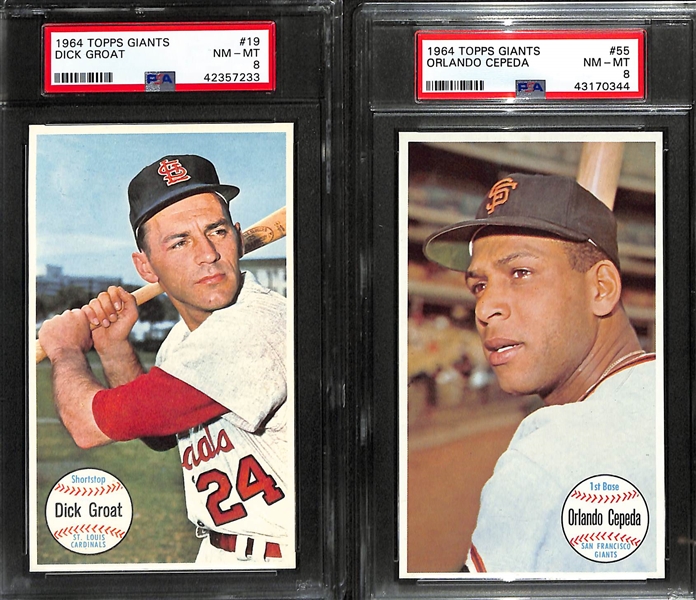 Lot of (7) 1964 Topps Giants Baseball Cards All PSA 8 Inc. Warren Spahn #31, Joe Torre #26, Bob Friend #28, & More