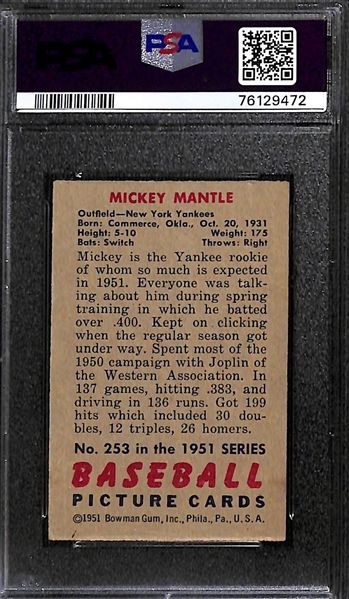 1951 Bowman Mickey Mantle Rookie Card #253 Graded PSA 3 (Great Color & Eye Appeal)