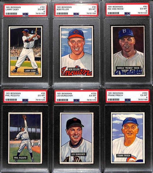 (6) HOFer Graded 1951 Bowman Cards! All Graded PSA 6 - Larry Doby, Bob Feller, Pee Wee Reese, Phil Rizzuto, Leo Durocher, Frank Frisch