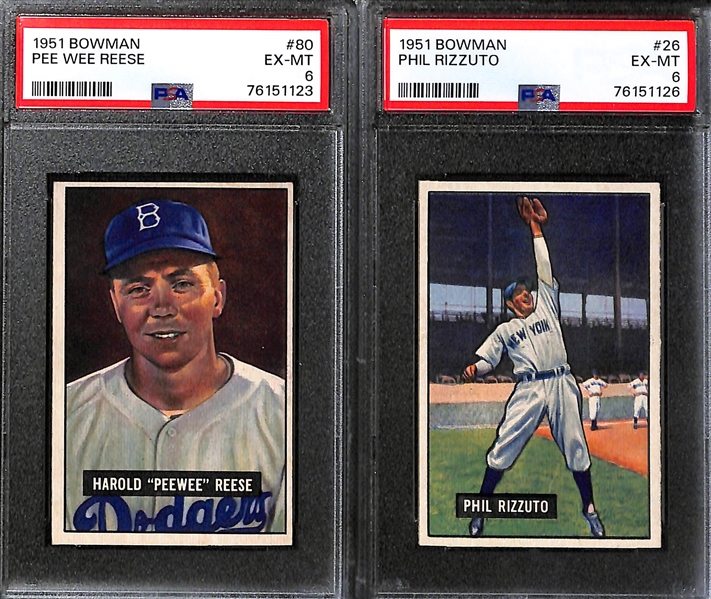 (6) HOFer Graded 1951 Bowman Cards! All Graded PSA 6 - Larry Doby, Bob Feller, Pee Wee Reese, Phil Rizzuto, Leo Durocher, Frank Frisch