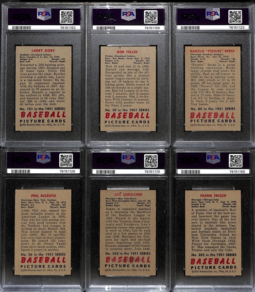 (6) HOFer Graded 1951 Bowman Cards! All Graded PSA 6 - Larry Doby, Bob Feller, Pee Wee Reese, Phil Rizzuto, Leo Durocher, Frank Frisch