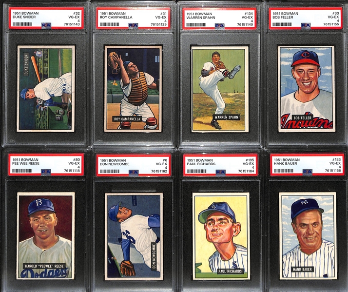 (8) Graded 1951 Bowman Cards (All Graded PSA 4) - Duke Snider, Roy Campanella, Warren Spahn, Bob Feller, Pee Wee Reese, Don Newcombe, Paul Richards, Hank Bauer