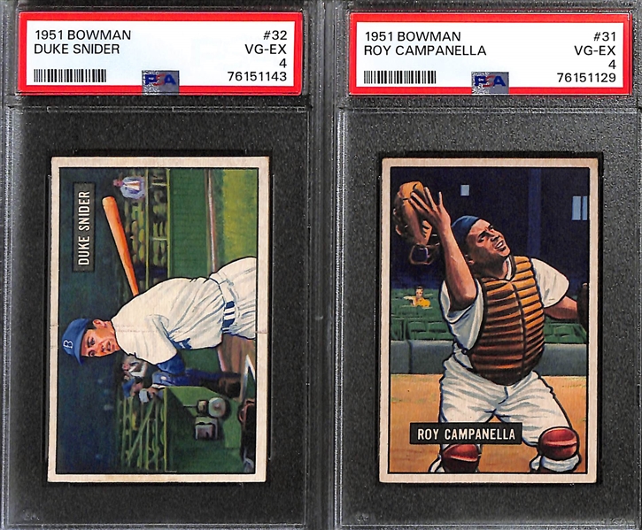 (8) Graded 1951 Bowman Cards (All Graded PSA 4) - Duke Snider, Roy Campanella, Warren Spahn, Bob Feller, Pee Wee Reese, Don Newcombe, Paul Richards, Hank Bauer