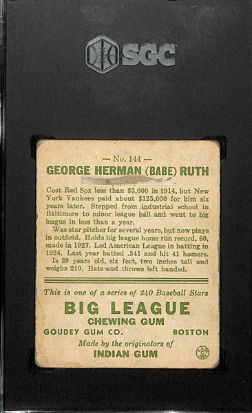 1933 Goudey #144 Babe Ruth Graded SGC 1