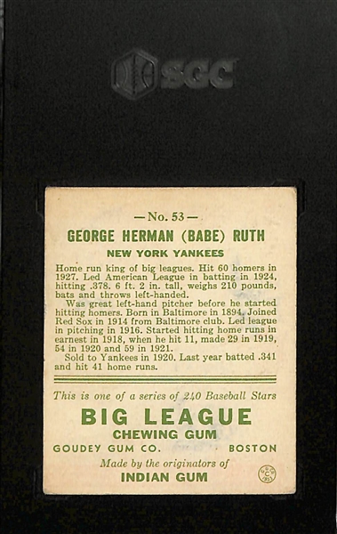 1933 Goudey #53 Babe Ruth Graded SGC 3.5