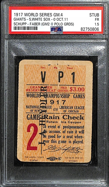 Rare 1917 World Series Ticket Stub Graded PSA 1.5 (GIANTS-5, WHITE SOX-0 OCT.11, SCHUPP-FABER, GAME 2 @ POLO GROUNDS)